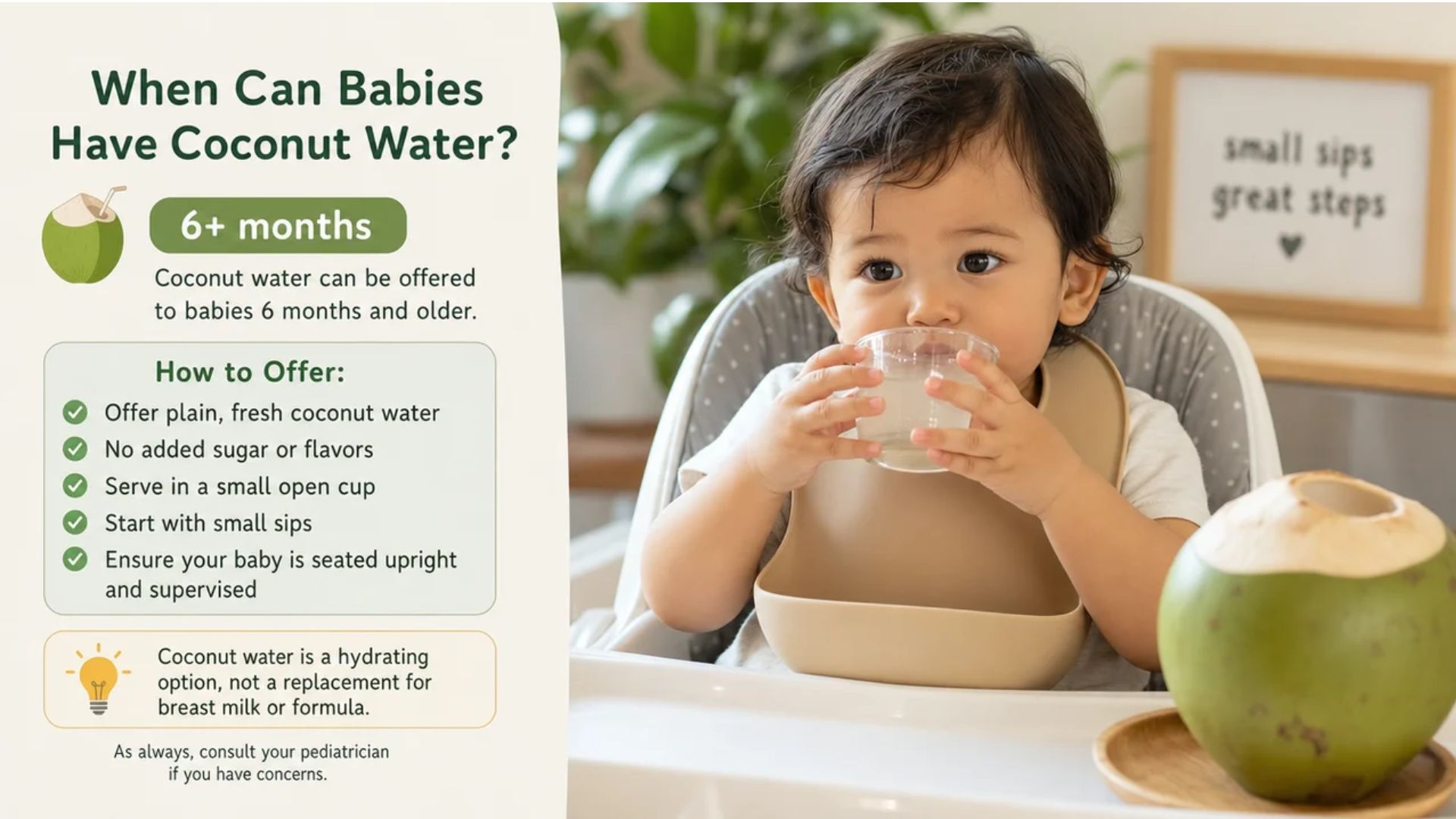 Toddler drinking plain coconut water from a small open cup in a high chair, showing when babies can have coconut water