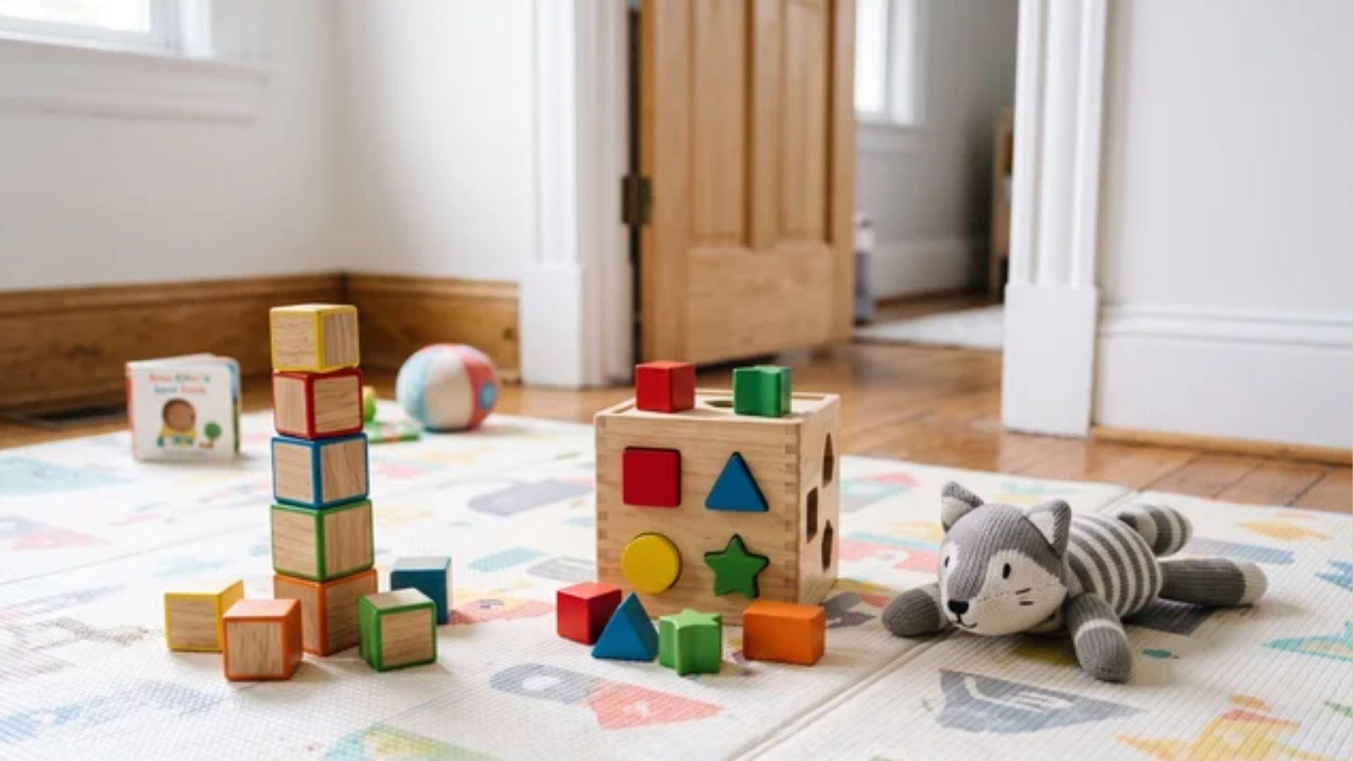 Wooden stacking blocks and a shape sorter beside a soft toy on a play mat