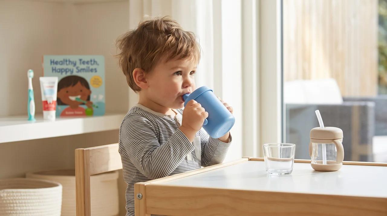 Toddler drinking from blue sippy cup at small wooden table.