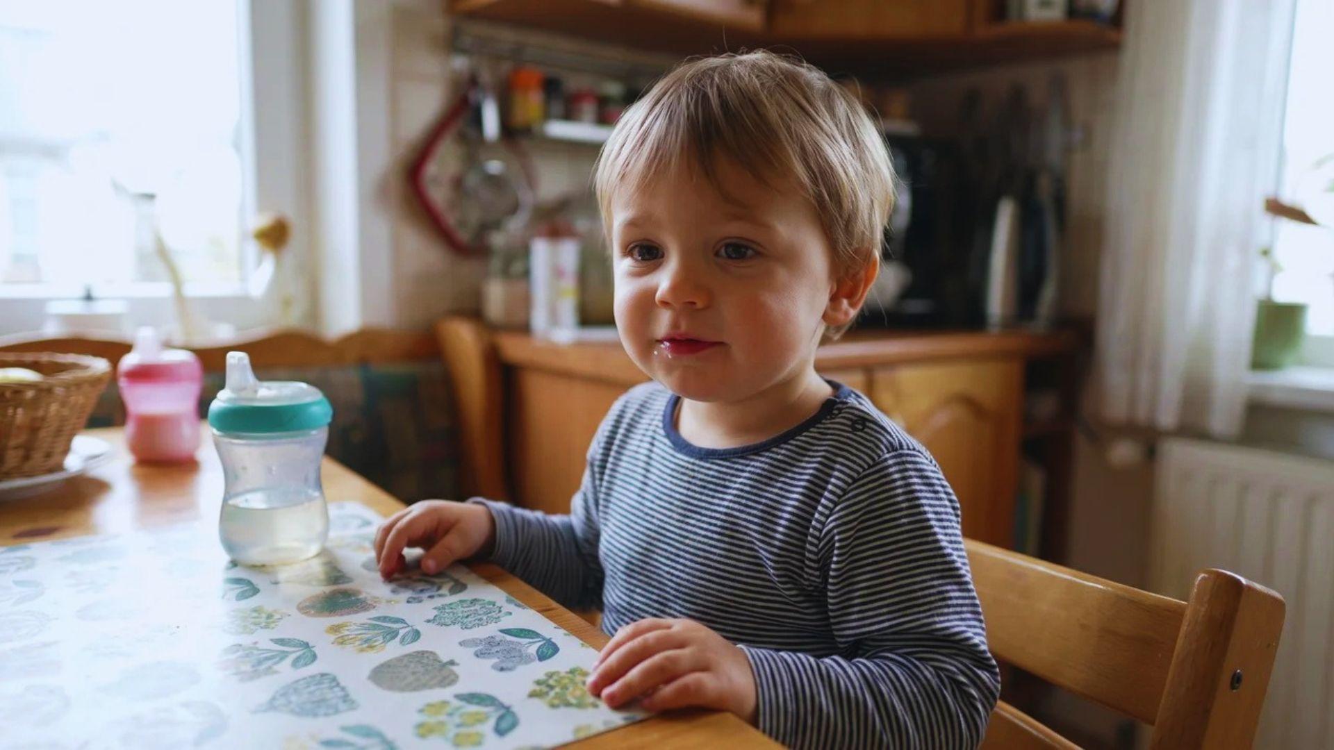 Toddler sitting at a table with a small amount of saliva near the mouth.