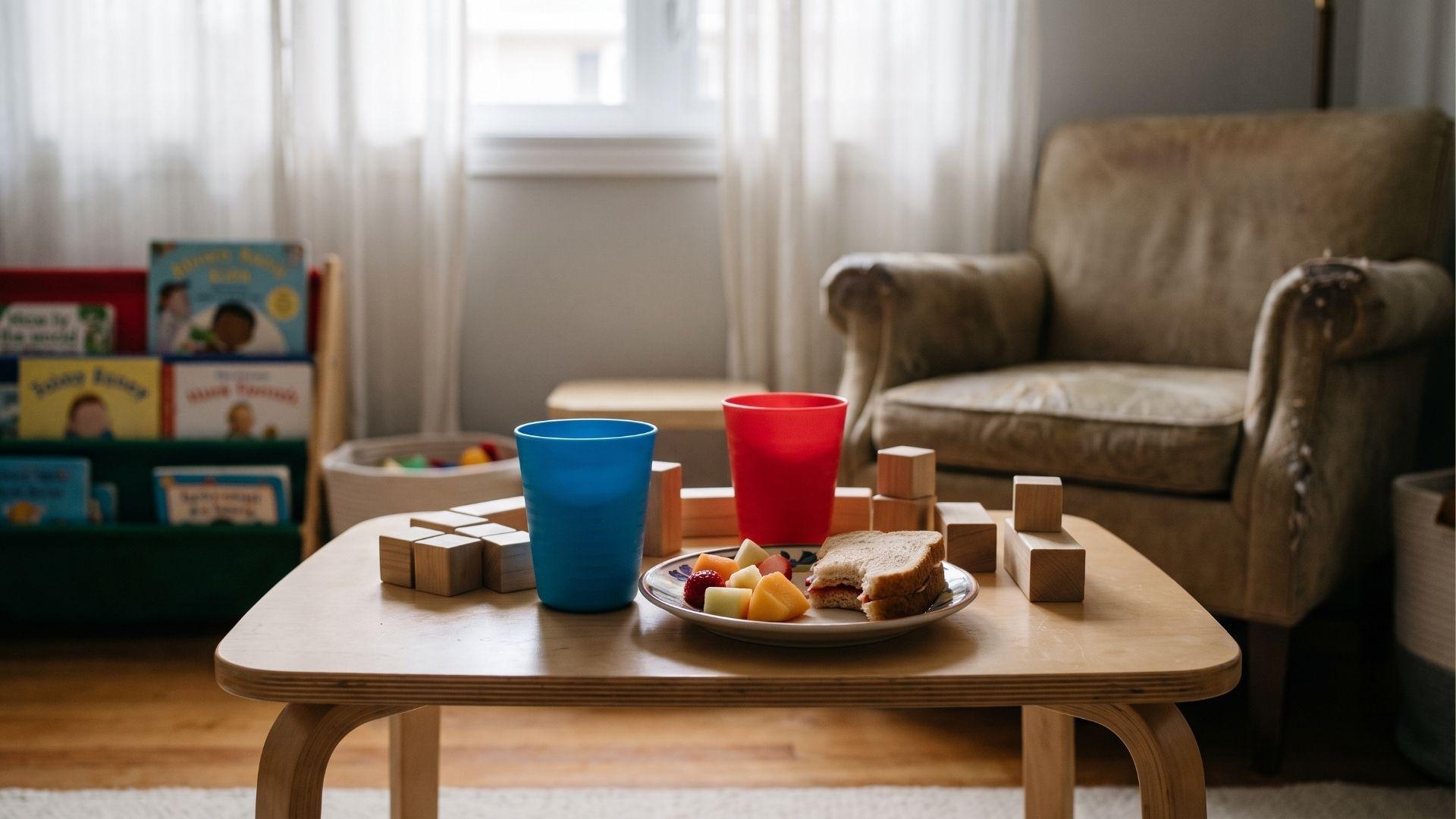 Two child-sized cups and a small plate beside building blocks on a low table