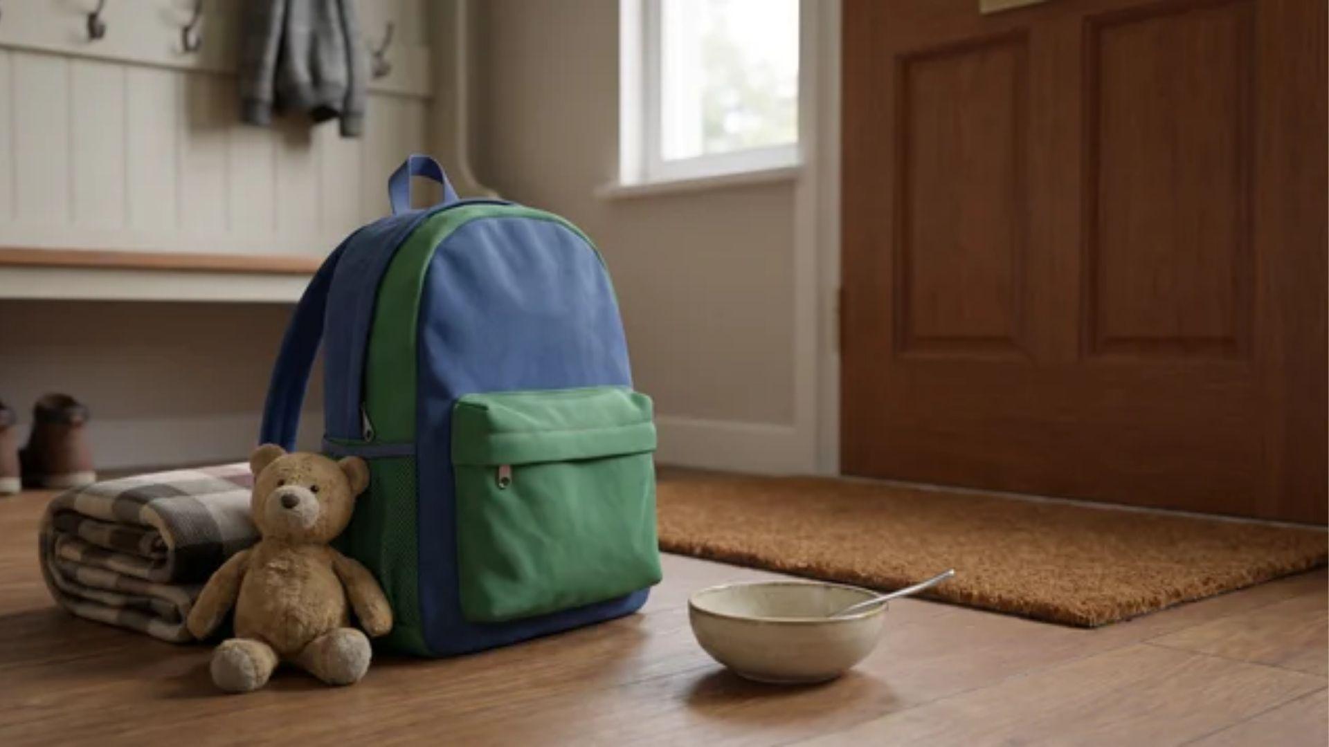 Child-sized backpack, folded blanket, toy, and breakfast bowl near a home doorway