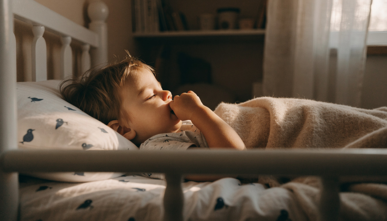 Toddler sucking thumb while falling asleep on back in a toddler bed during a calm bedtime routine