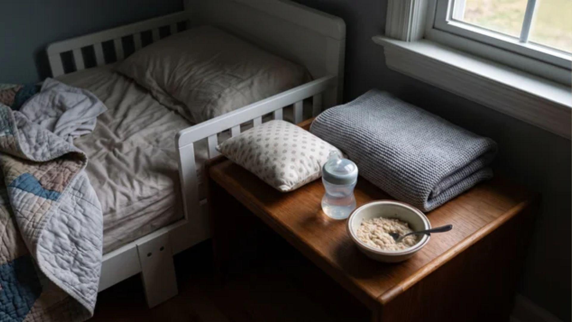 Small pillow, folded blanket, cup, and bowl of soft food beside a toddler's bed