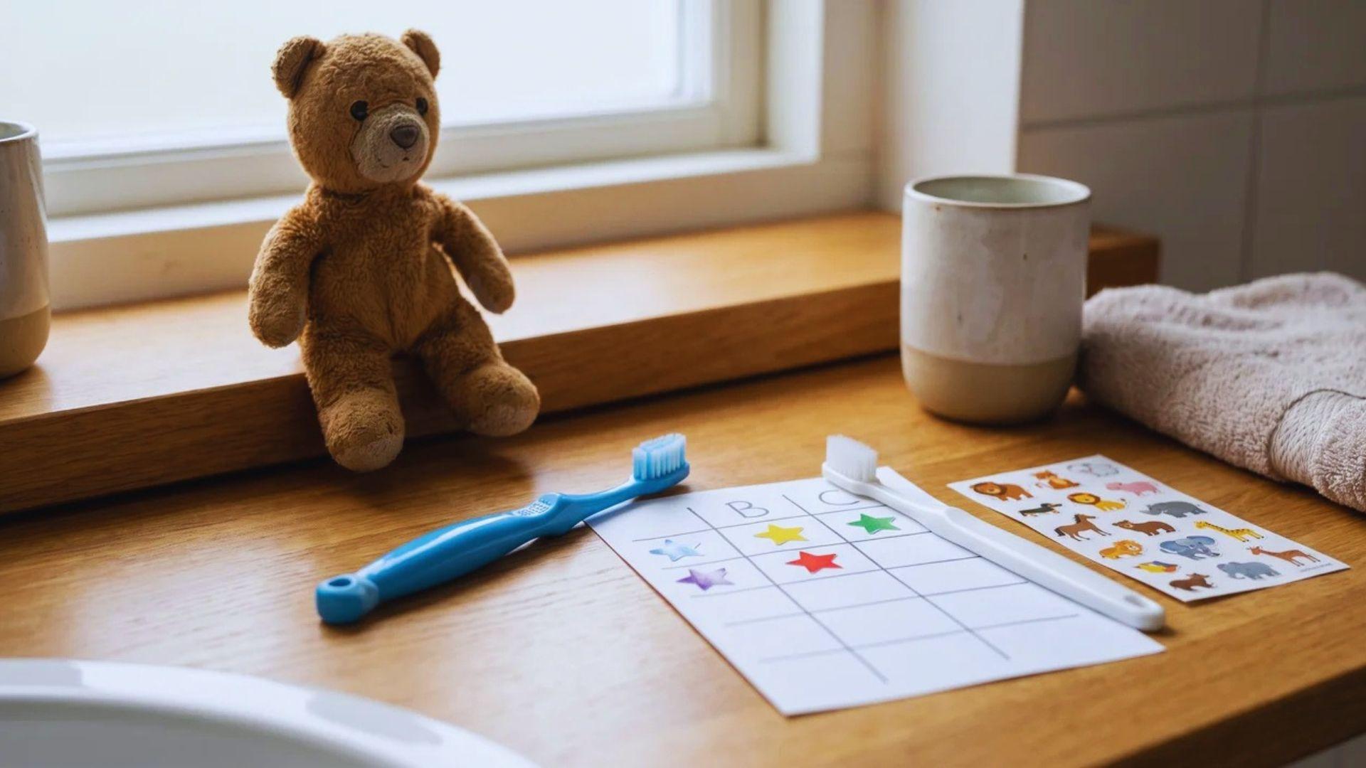 Stuffed animal, children's toothbrushes, and stickers arranged for pretend toothbrushing.
