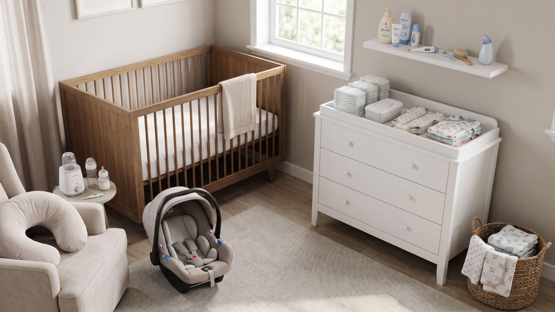 Newborn essentials including a bassinet, fitted sheets, diapers, clothing, feeding supplies, and car seat.