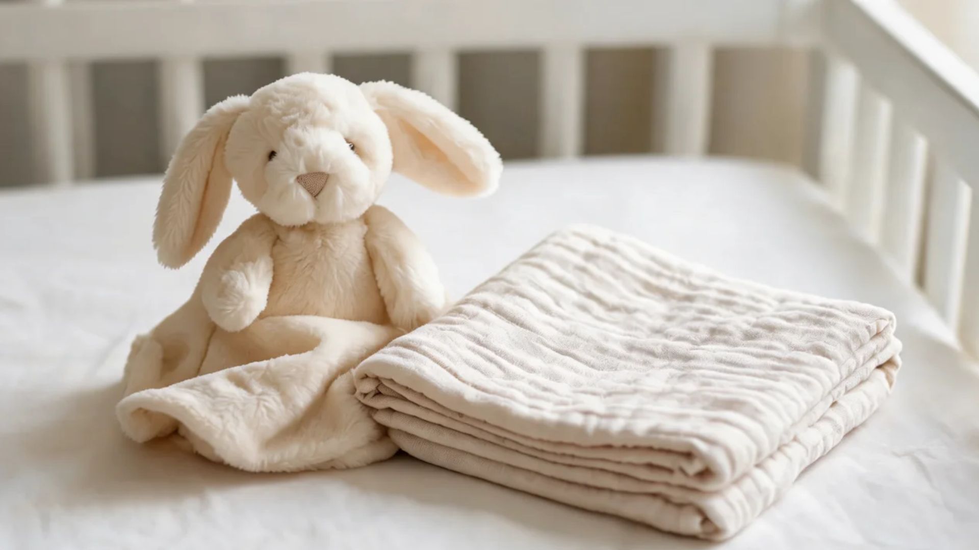A soft cream bunny lovey beside folded cotton muslin in a neutral nursery.