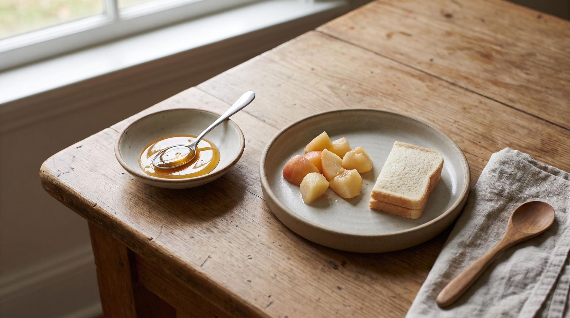 Small serving of honey beside food on a kitchen table
